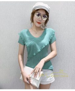 ｔシャツ・カットソー | サマーニット レディース 半袖 Vネック カラー きれいめ トップス Tシャツ ニットソー 薄手 新品 夏新作 2021 激売れ お出かけ ファッション 激売れ エレガント