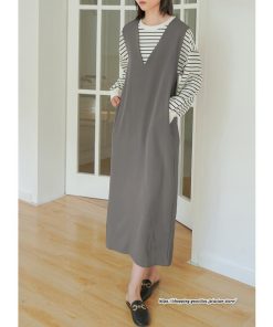 ノースリーブ | タンクワンピース 秋物 レディース ワンピース サイドポケット Vネック バックスリット入れ 20代50代 通学通勤 無地 大人 2022秋冬