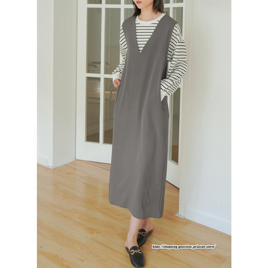 ノースリーブ | タンクワンピース 秋物 レディース ワンピース サイドポケット Vネック バックスリット入れ 20代50代 通学通勤 無地 大人 2022秋冬