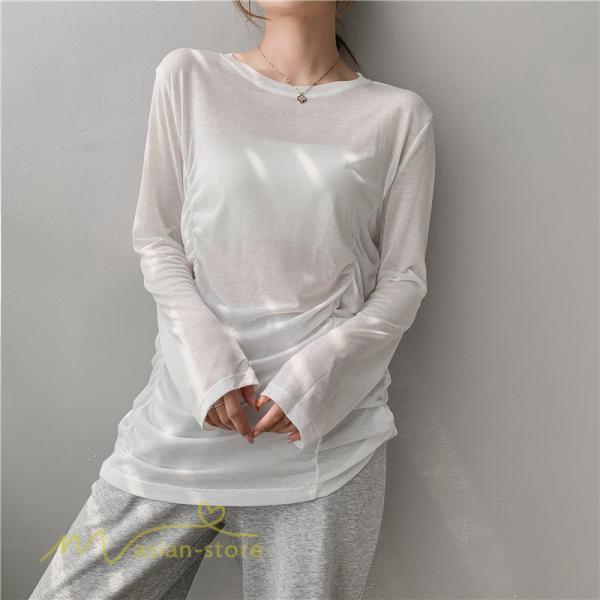 tシャツ・カットソー | Tシャツ Tシャツ レディース 無地 長袖 トップス カジュアルTシャツ おしゃれ クルーネック 秋服 夏秋 インナー 日常感 大きいサイズ 薄手 タック ゆったり 上品