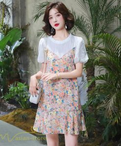 ミディアム | ワンピース レディース 花柄 きれいめ 重ね着風 おしゃれ 上品 夏 新作 ひざ上 ショート丈 カジュアル ミニワンピース 20代 40代 お出かけ 大人 30代 半袖