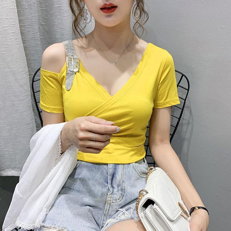 Tシャツ・カットソー | Tシャツ 肩だし クロスVネック コットン トップス 半袖 ヒョウ柄 無地 レディース スタイリッシュ 個性的 エレガント セクシー 着痩せ 気質 フェミニン