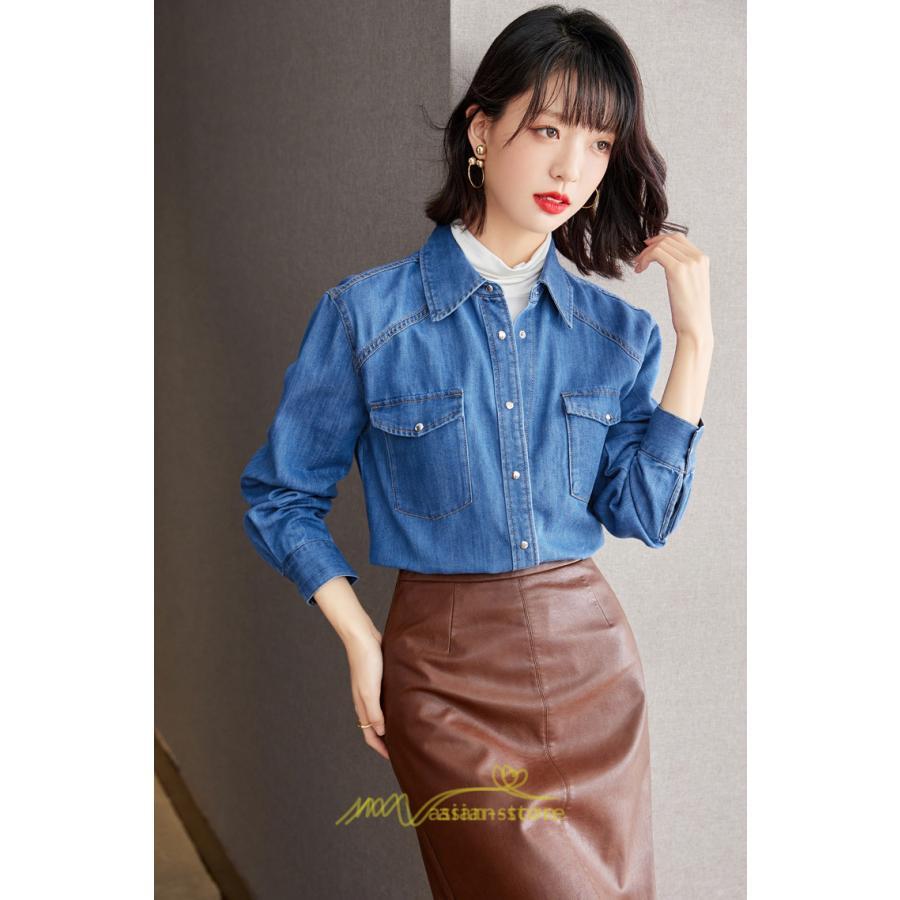 シャツ・ブラウス | デニムシャツ シャツ トップス レディース ブラウス デニム カジュアル レトロ風 通勤 通学 オシャレ キレイめ 上品 可愛い 秋服 ナチュラル 2022