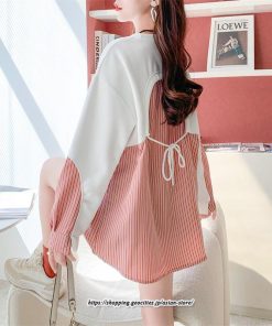 パーカー | 重ね着風トレーナー レディース 長袖 トップス カジュアル スウェット ストライプ柄 ゆったり トレーナー トップス きれいめ レイヤード風 可愛い 切り替え