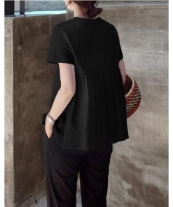 ｔシャツ・カットソー | Tシャツ レディース トップス 夏 半袖 可愛い 無地 切り替え 後ろプリーツ 黒 プルオーバー 体型カバー シンプル OL 大人 夏服 サマー