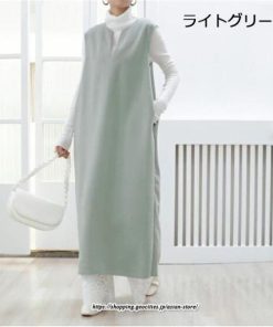 マキシ | ワンピース ジャンパースカート ジャンスカ 深Vネック ロングワンピース Vネック 】 ウール混深Vネックジャンスカ スリット入り【