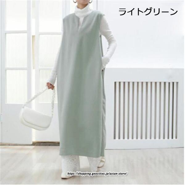 マキシ | ワンピース ジャンパースカート ジャンスカ 深Vネック ロングワンピース Vネック 】 ウール混深Vネックジャンスカ スリット入り【