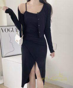 ミディアム | ワンピース タイトワンピース カーディガン セットアップ 2点セット セクシー 膝丈 スリット パーティー スリム キャミソールワンピース 大人 美ライン 無地