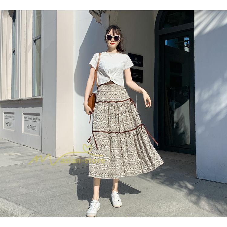 スカート | フレアロングレデイース リネンウエストゴム 綿麻混 マキシマキシ レトロ風 体型カバー リゾート 夏物