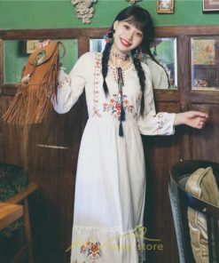 マキシ | ロングワンピース 長袖 花柄 フレア エスニック風 民族風 レトロ調 刺繍 綿麻 リゾート 旅行 レジャー お出かけ 外出 華奢魅せ 着痩せ 女子会 Vネック 同窓会