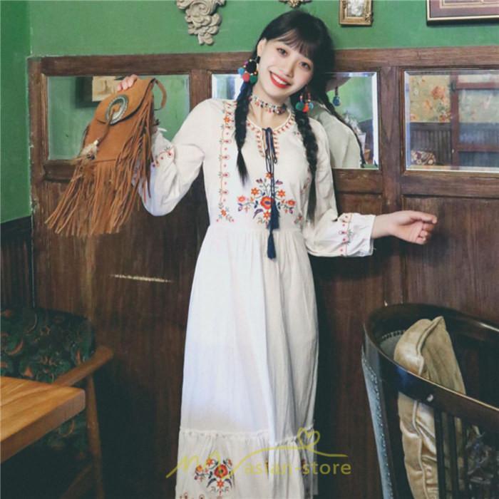 マキシ | ロングワンピース 長袖 花柄 フレア エスニック風 民族風 レトロ調 刺繍 綿麻 リゾート 旅行 レジャー お出かけ 外出 華奢魅せ 着痩せ 女子会 Vネック 同窓会