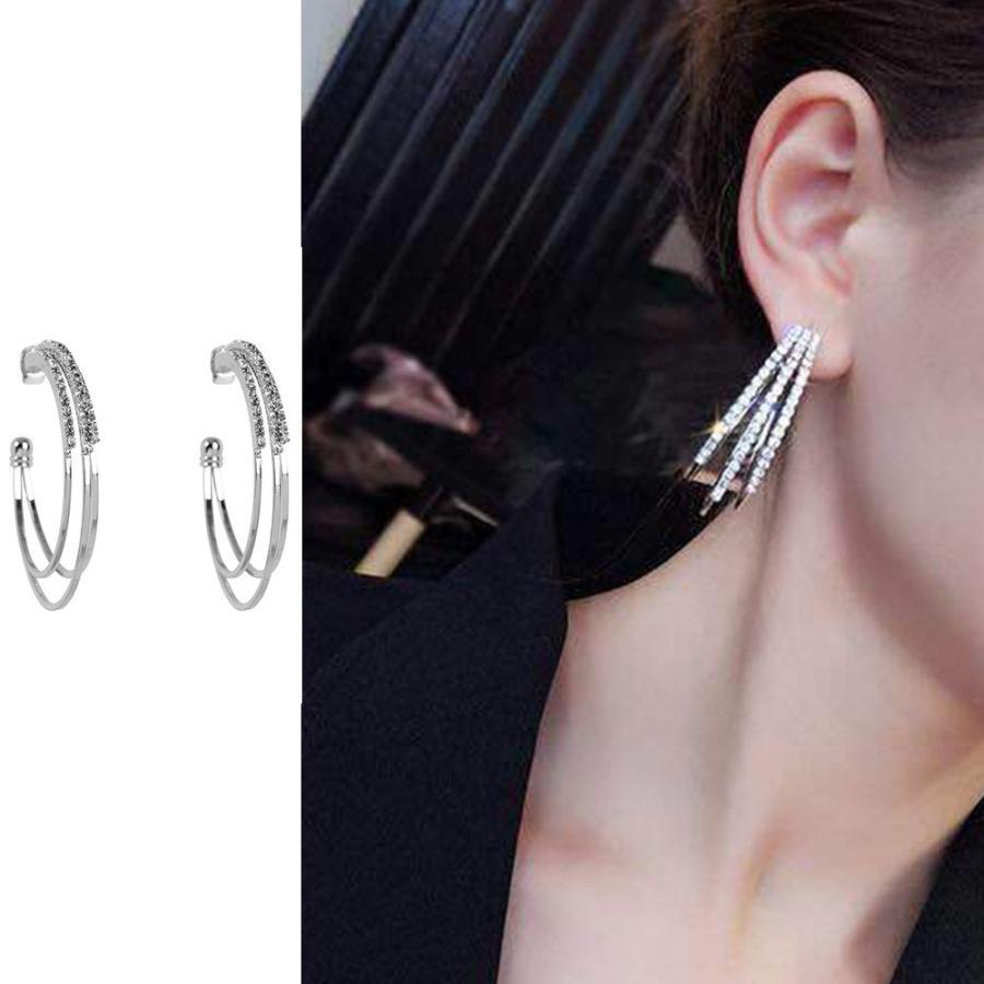 その他アクセサリー | 大ぶり ビジューピアス シルバー フープピアス 3連 リング ストーン きれいめ ゴールド