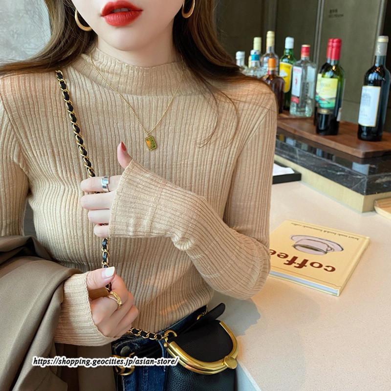 ニット・セーター | カットソー ニット レディース リブニット 長袖 秋冬 春 トップス スリム ストレッチ インナー 無地 プルオーバー 着痩せ 長袖ニット 通学通勤 長袖カットソー