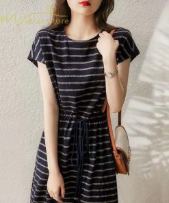 ミディアム | ワンピース レディース 夏服 綿ワンピース Aライン クルーネック 半袖 コットン おしゃれ キレイめ ウエストリボン付き 膝丈 ボーダー