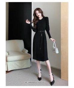 ミディアム | ワンピース 無地 きれいめ 30代 40代 50代 着やせ 上品 大きいサイズ ミモレ丈 長袖 春夏秋冬 丸首 ミモレ丈 ひざ丈 長袖 パフスリーブ