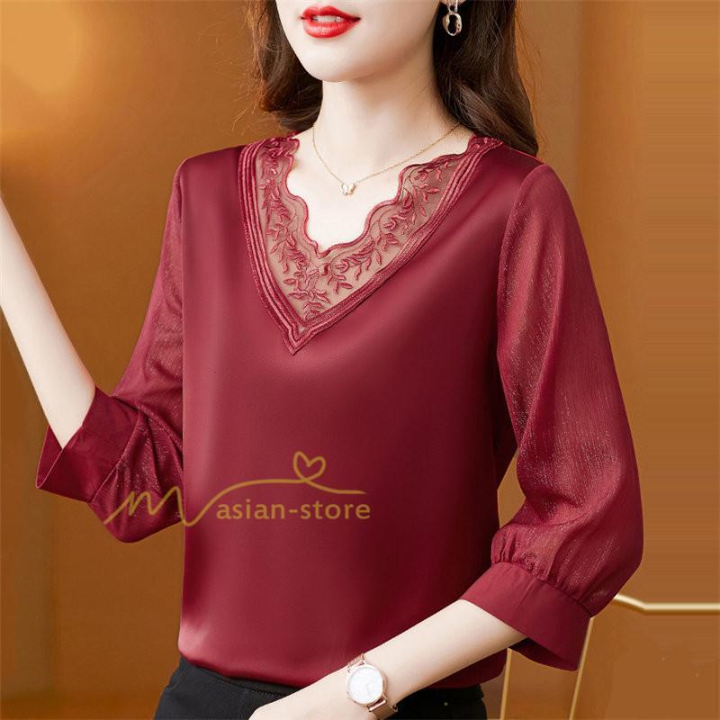 tシャツ・カットソー | Tシャツ レディース 7分袖 七分袖 カジュアル Vネック おしゃれ 女性用 シンプル 無地 ブラック 着痩せ レース付き シフォンシャツ 母の日 20代30代40代50代