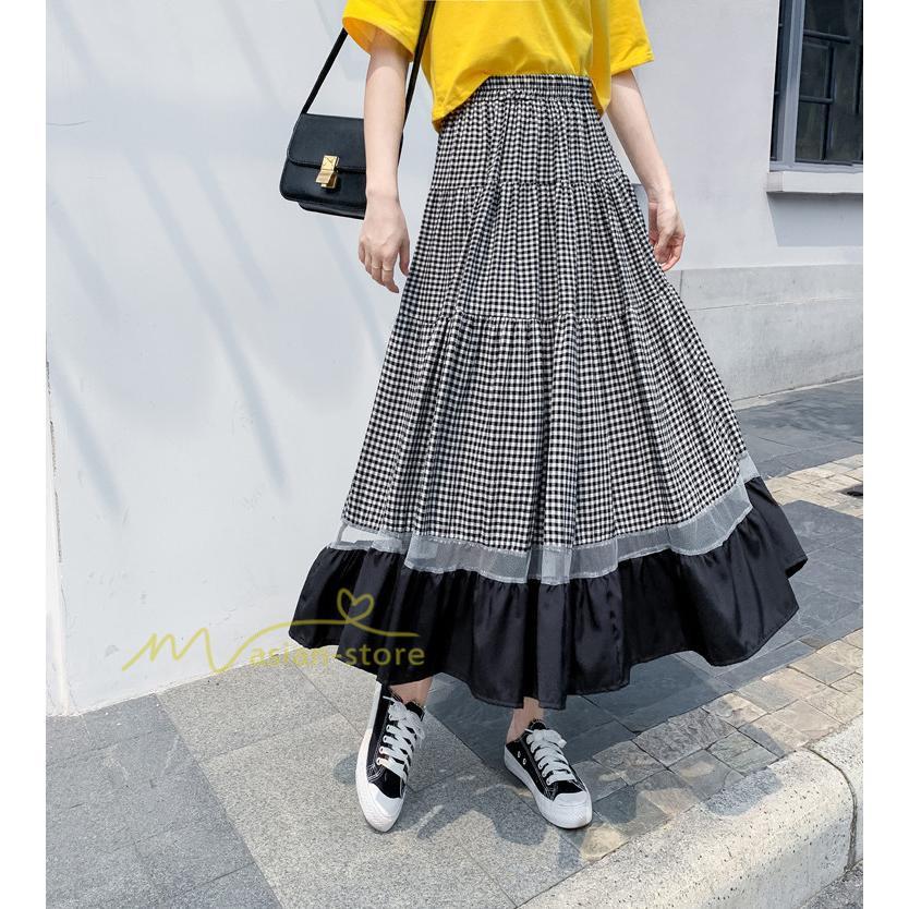 スカート | フレア ロング春物 レディース 春夏 チェック柄 ドッキング リゾート 体型カバー お出かけ 20代30代40代50代 着痩せ 通勤通学 カジュアル
