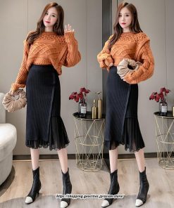 スカート | レディース 春 おしゃれ タイトフリルレイヤード ミモレ丈 ロング丈 ニット きれいめ オフィス カジュアル 秋冬