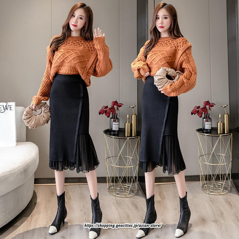 スカート | レディース 春 おしゃれ タイトフリルレイヤード ミモレ丈 ロング丈 ニット きれいめ オフィス カジュアル 秋冬