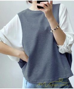 ｔシャツ・カットソー | Tシャツ レディース トップス 七分袖 切り替え ゆったり パフスリーブ 可愛い フェイク 春物 夏服 ブラウス シンプル オフィス カットソー 20代30代40代