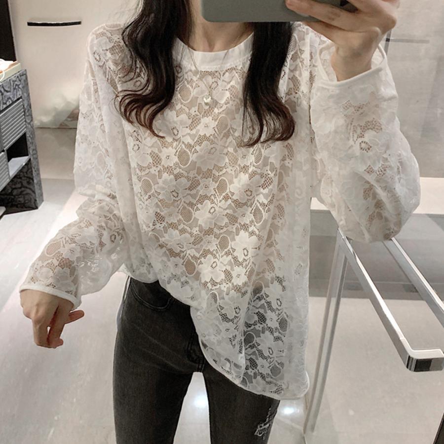 透かし編みトップス | シースルーレーストップス 花柄 春