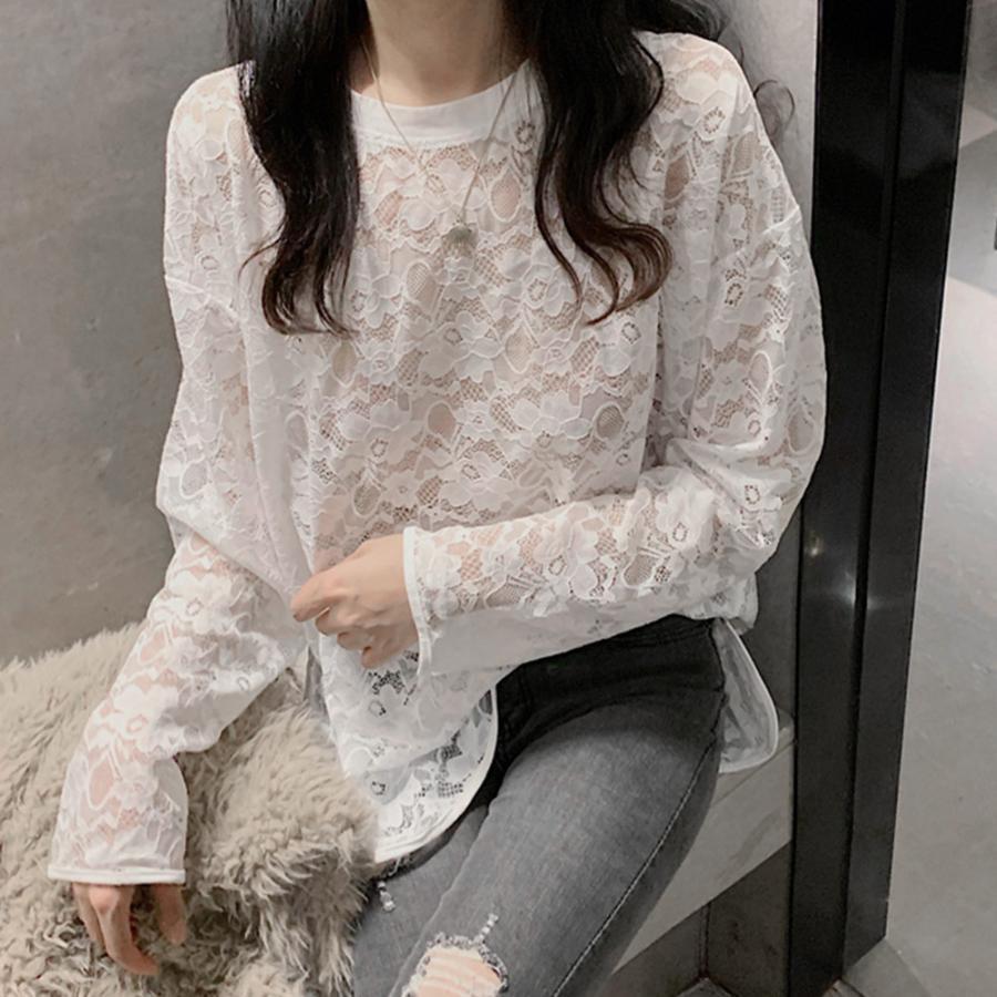 透かし編みトップス | シースルーレーストップス 花柄 春