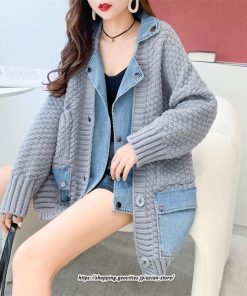 コート・ジャケット | ジャケット レディース 長袖 トップス ニット ニットカーディガン 切り替え デニム アウター 配色 デザイン おしゃれ 冬 カジュアル 2022 秋 カーディガン