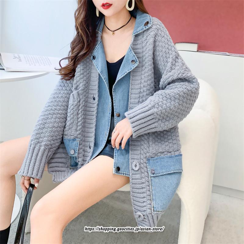コート・ジャケット | ジャケット レディース 長袖 トップス ニット ニットカーディガン 切り替え デニム アウター 配色 デザイン おしゃれ 冬 カジュアル 2022 秋 カーディガン