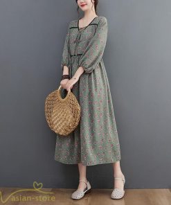 マキシ | ワンピース レディース Vネック 7分袖 秋 ロングワンピース フリーサイズ 花柄 40代 50代 大人 レトロ風 ゆるワンピース カジュアル 秋コーデ 30代 大人 20代