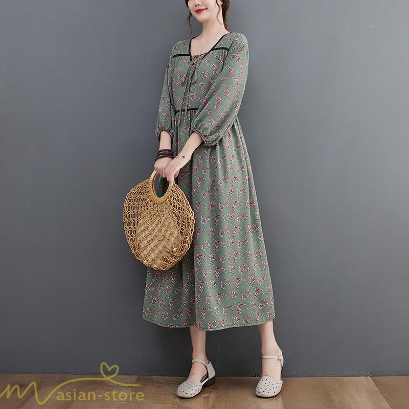 マキシ | ワンピース レディース Vネック 7分袖 秋 ロングワンピース フリーサイズ 花柄 40代 50代 大人 レトロ風 ゆるワンピース カジュアル 秋コーデ 30代 大人 20代