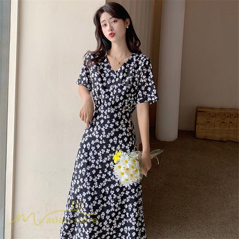ミディアム | ワンピース レディース 着痩せ 花柄 半袖 大きいサイズ 上品 Aラインワンピース ゆったり Vネック ハイウエスト ミディアム丈 お出かけ 通勤 ひざ丈 通学