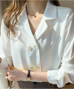 シャツ・ブラウス | ブラウス レディース 長袖ブラウス 春秋 オフィスブラウス 白vネック オシャレブラウス シフォントップス 韓国風 大人 上品 通勤OL ゆったりシャツ 50代 40代