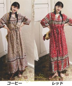 マキシ | レディース ワンピース 夏 秋 長袖ワンピ きれいめ 大人ワンピース Aライン ロングワンピース おしゃれ 大人 お呼ばれ 可愛い コットン レトロ 通勤