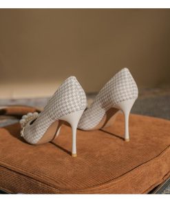 パンプス | ポインテッドトゥ ピンヒール スリップオン レディース ハイヒール グレンチェック ツイード 編みニット エレガント 22cm-24.5cm フェイクパール