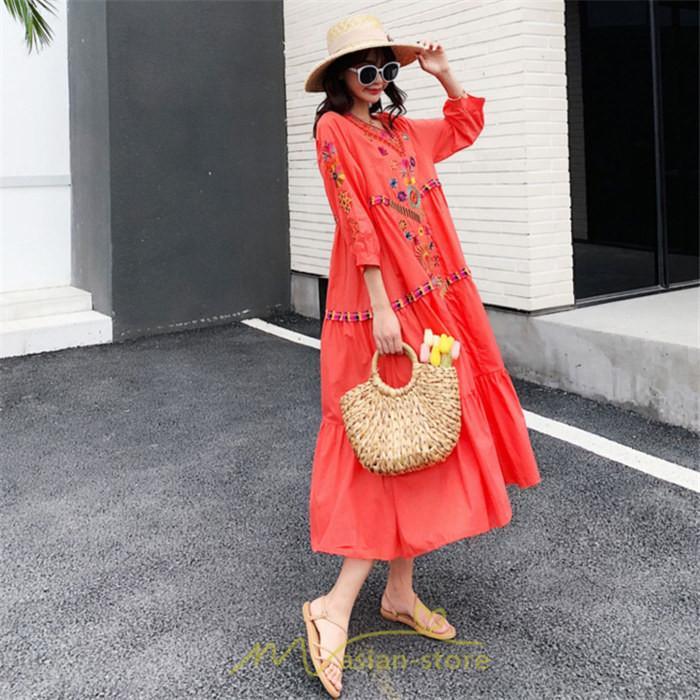 マキシ | ワンピ ワンピース ロング丈 七分袖 レディース 大人 おしゃれ きれいめ お出かけ 大人可愛い 白 青 赤 春夏秋 旅行 20代30代40代 民族風 オレンジ 海
