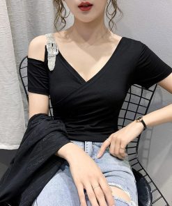 Tシャツ・カットソー | Tシャツ 肩だし クロスVネック コットン トップス 半袖 ヒョウ柄 無地 レディース スタイリッシュ 個性的 エレガント セクシー 着痩せ 気質 フェミニン