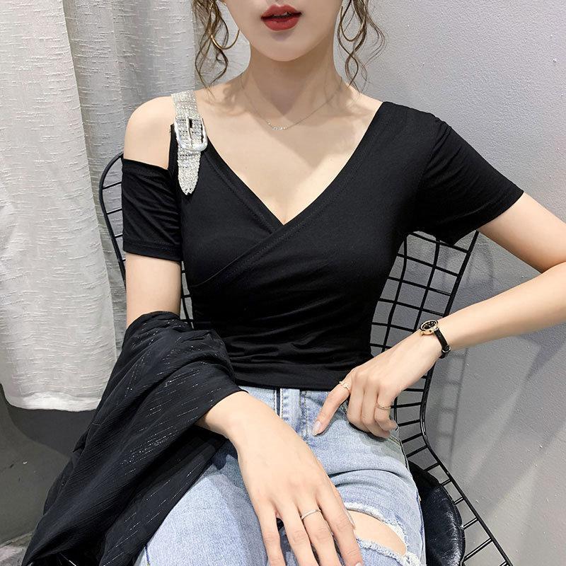 Tシャツ・カットソー | Tシャツ 肩だし クロスVネック コットン トップス 半袖 ヒョウ柄 無地 レディース スタイリッシュ 個性的 エレガント セクシー 着痩せ 気質 フェミニン