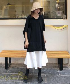 ミディアム | 夏ワンピース 切り替え ロング丈 黒白 フェイク フレア Aライン 五分袖 レイヤード風 重ね着風 Vネック 可愛い ミモレ丈 大人 20代30代40代 ゆったり