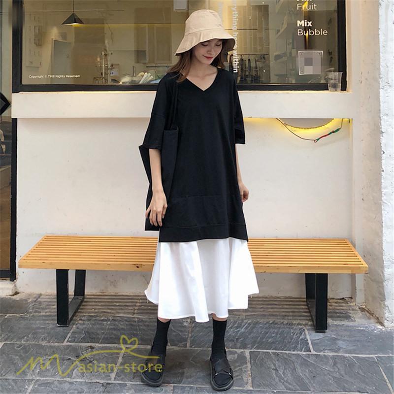 ミディアム | 夏ワンピース 切り替え ロング丈 黒白 フェイク フレア Aライン 五分袖 レイヤード風 重ね着風 Vネック 可愛い ミモレ丈 大人 20代30代40代 ゆったり