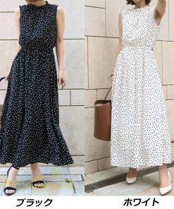 マキシ | ワンピース サマー 夏新作 ロングワンピース ドット柄 レディース 40代 50代 着痩せ 上品 ノースリーブ フレア エレガント 黒 30代 気質 白 20代