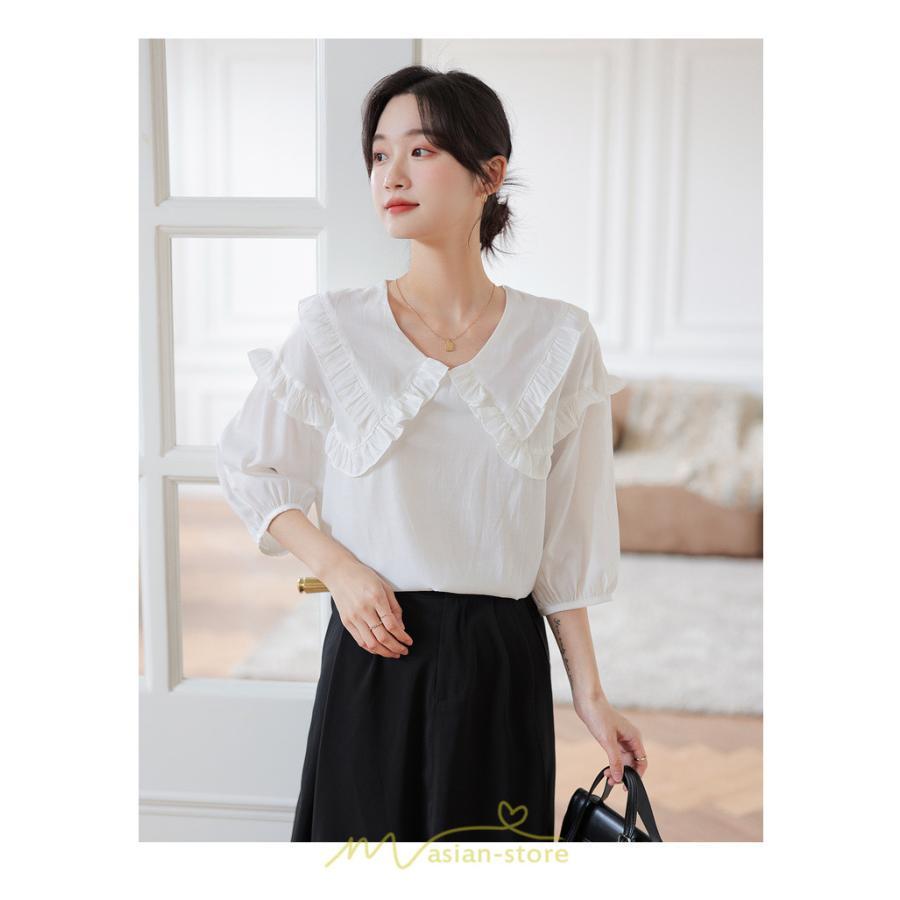 シャツ・ブラウス | トップス ブラウス 七分袖 シャツ きれいめ レディース 夏 白 赤 クルーネック フリル 春夏コーデ オフィス お仕事 通勤 就活 お出かけ ビジネス カジュアル