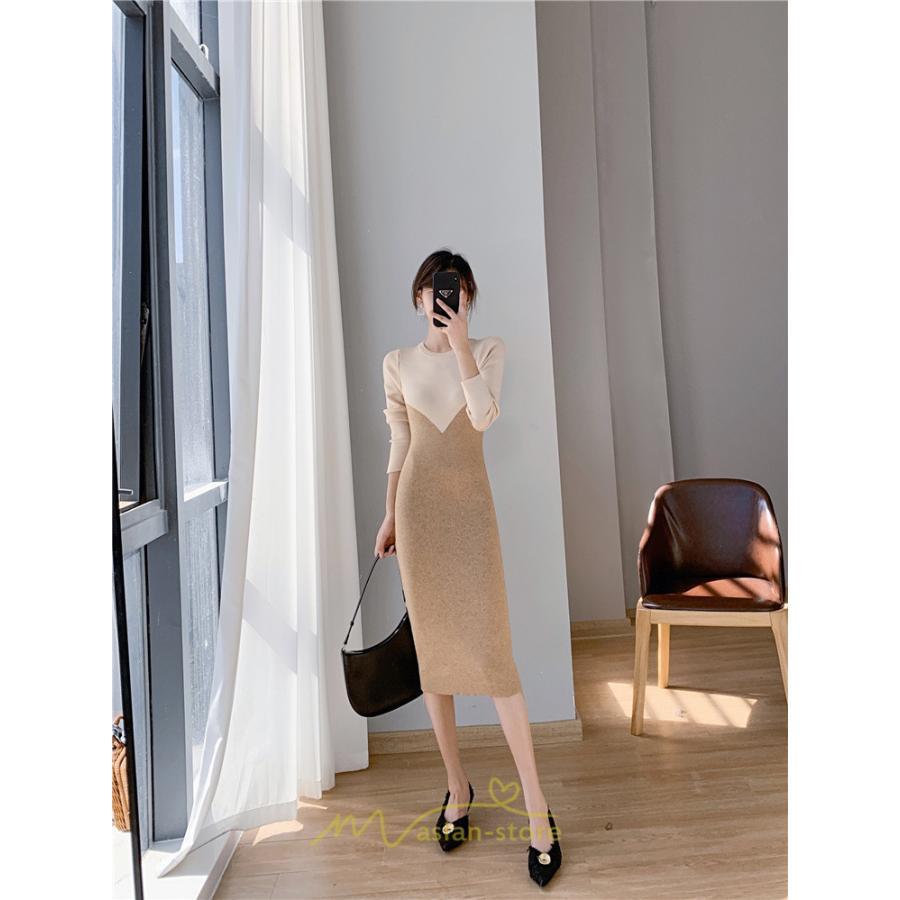 ニットワンピース | ワンピース 秋 秋服 レディース ニット ロングワンピース ロング 長袖 冬 冬服 タイト 切り替え 着痩せ お出かけ 韓国風 20代30代40代50代 通勤 2022新作