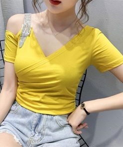 Tシャツ・カットソー | Tシャツ 肩だし クロスVネック コットン トップス 半袖 ヒョウ柄 無地 レディース スタイリッシュ 個性的 エレガント セクシー 着痩せ 気質 フェミニン