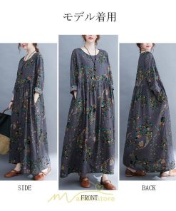 マキシ | ワンピース レディース 長袖 ロング カジュアル 花柄プリント 大きいサイズ  ぽっちゃり 着痩せ 上品 新作 丸首 秋 Aライン 夏 20代30代40代50代 レトロ風