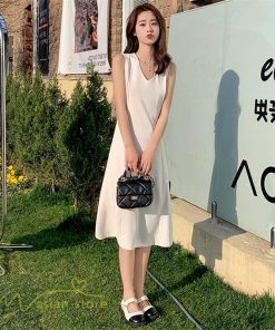 ミディアム | ワンピース レディース ノースリーブ 着痩せ 春 夏 新作 無地 きれいめ サマーワンピース 20代 30代 40代 Vネック エレガント 韓国風 上品 通学 通勤 大人
