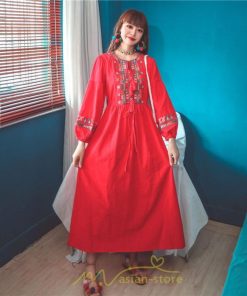 マキシ | ワンピース 長袖 ハイウエスト 綿麻 コットン リネン ロング ロング丈 Aライン ワンピ レディース 着痩せ 体型カバー 丸首 白 黄色 赤 通勤 Vネック 刺繍