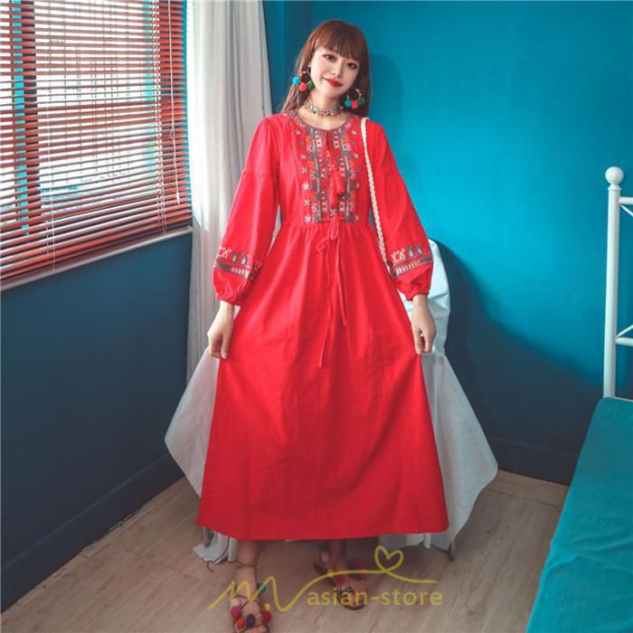 マキシ | ワンピース 長袖 ハイウエスト 綿麻 コットン リネン ロング ロング丈 Aライン ワンピ レディース 着痩せ 体型カバー 丸首 白 黄色 赤 通勤 Vネック 刺繍