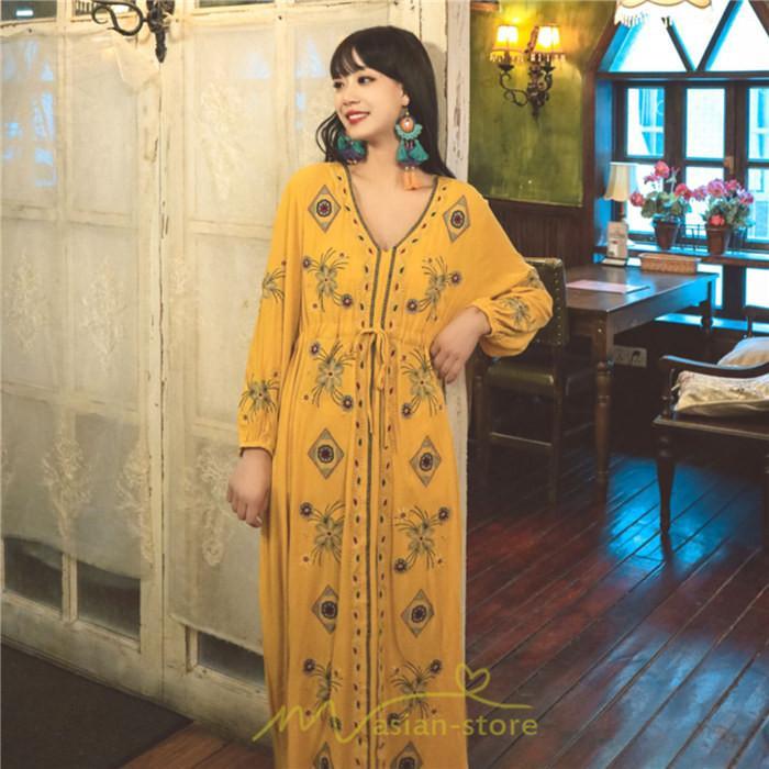 マキシ | ワンピース 長袖 レディース ロング丈 マキシ丈 綿麻 コットン リネン Aライン ゆったり 体型カバー 大人 可愛い 海外旅行 秋 夏 エスニック ナチュラル 春