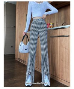 チノ・テーパード・ジョガー・スキニーパン | パンツ レディース フレアパンツ ロングパンツ 千鳥格柄 スリット カジュアル ハイウエスト ワイドパンツ トレンド おしゃれ 送料無料 楽ちん お出かけ かわいい