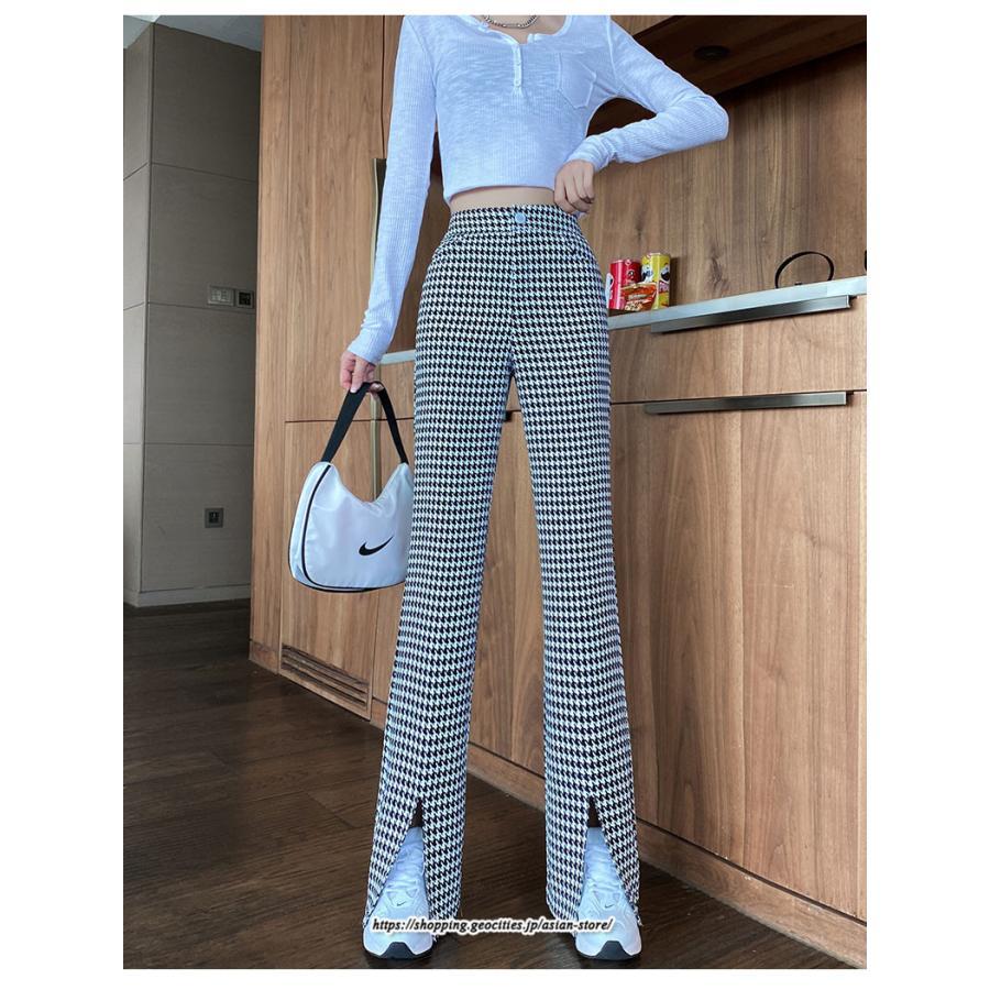 チノ・テーパード・ジョガー・スキニーパン | パンツ レディース フレアパンツ ロングパンツ 千鳥格柄 スリット カジュアル ハイウエスト ワイドパンツ トレンド おしゃれ 送料無料 楽ちん お出かけ かわいい